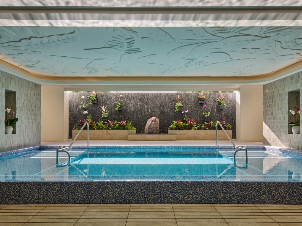 An indoor pool under a marble ceiling, next to a wall garden feature