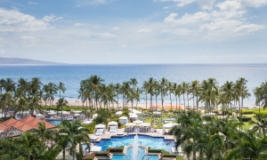 An aerial view of the resort grounds with the pool in the foreground and the ocean in the background